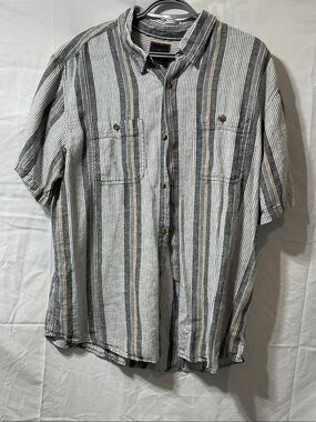 Denver Hayes Short-Sleeve Button-Up Shirt — Gray, White & Tan Stripes